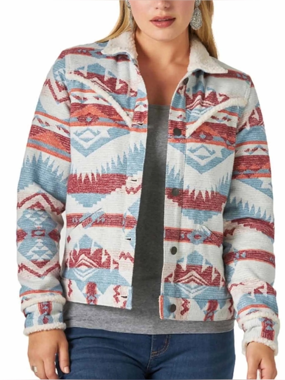 Women's Aztec Print Sherpa-Lined Jacket - Cream & Dusty Blue